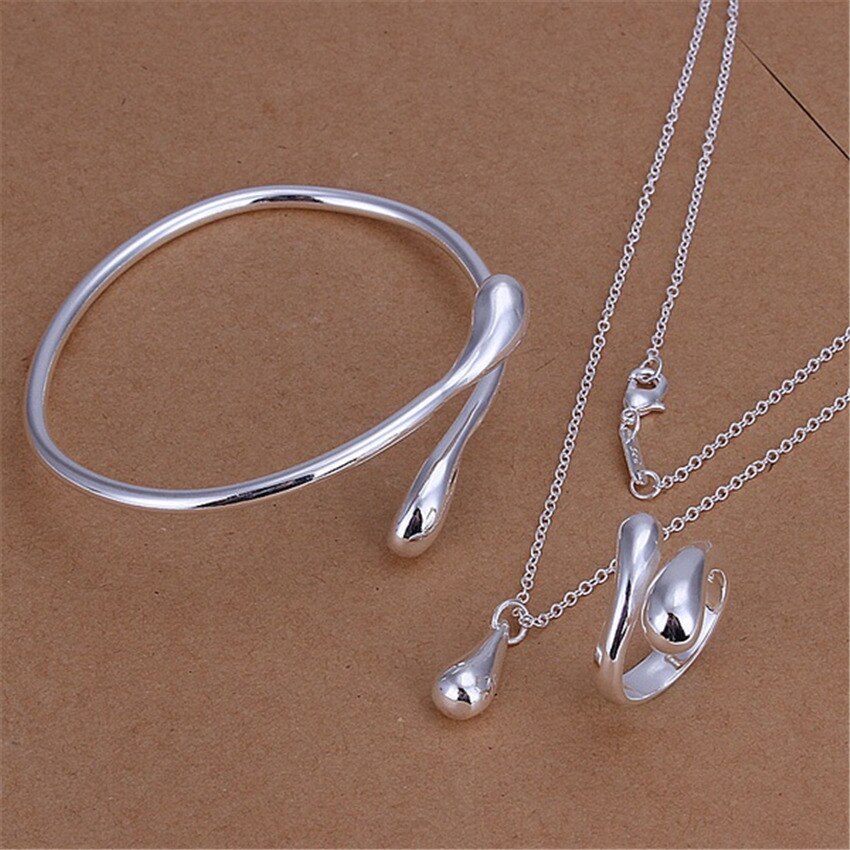 New 925 Stamp Silver color Jewelry set for women classic Water droplets Pendant necklace bracelet ring bangle Fashion Party Gift