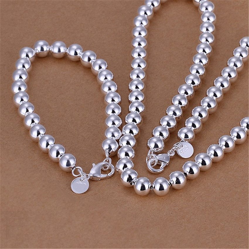 10MM beads chain 925 Stamp Silver color Bracelets necklace Jewelry set for Women Fashion wedding Party Holiday gifts