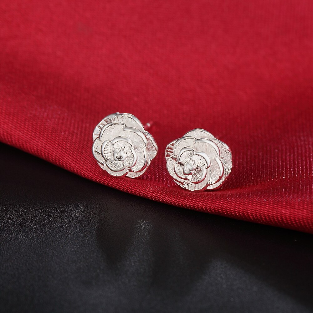 Fine 925 Stamp Silver color rose Flower bud Earring stud for Women Fashion Valentine's Day Gifts classic party wedding Jewelry