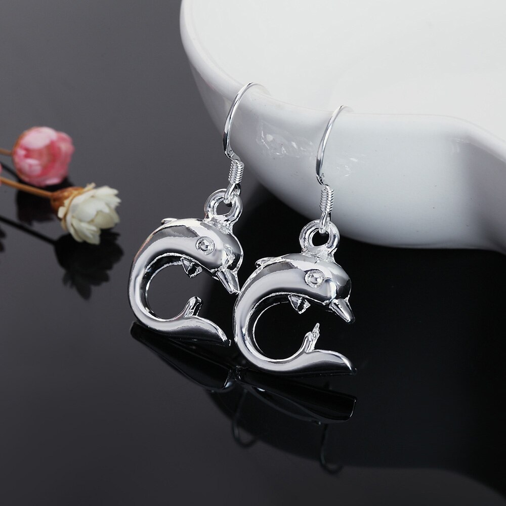 Hot sale 925 Stamp Silver color little dolphin drop Earrings for Women fashion lady Jewelry girl Christmas Gifts long earrings