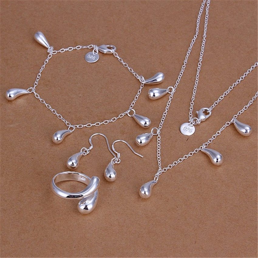 New 925 Stamp Silver color Water drop Bracelet necklace earrings rings Jewelry set for women Fashion Party wedding Gifts