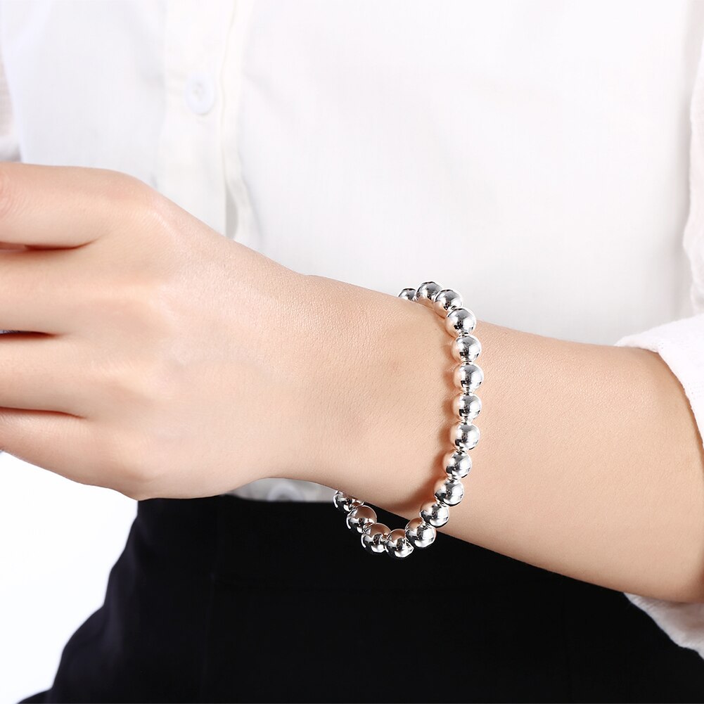 10MM beads chain 925 Stamp Silver color Bracelets necklace Jewelry set for Women Fashion wedding Party Holiday gifts