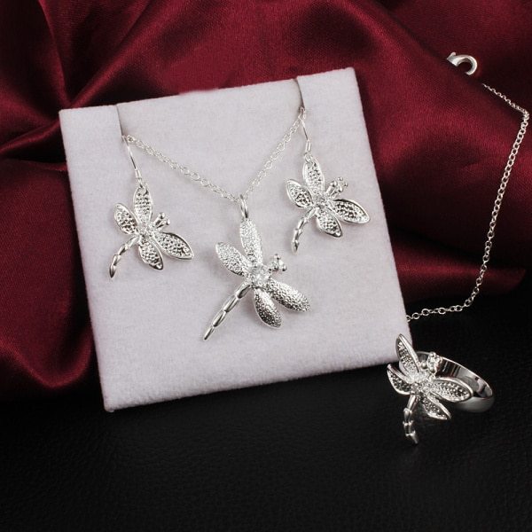 Fashion fine 925 Stamp Silver color women Crystal dragonfly pendant necklace earring ring Jewelry set Party wedding gifts