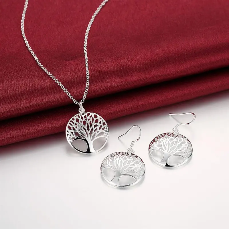 Hot new 925 Stamp Silver color Fine Retro Round leaves Pendant necklace earrings for woman Jewelry sets Fashion Party wedding