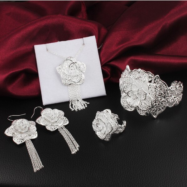 New charm 925 Stamp Silver color Jewelry set for women flower Pendant bangle earrings rings bracelet necklaces fashion party