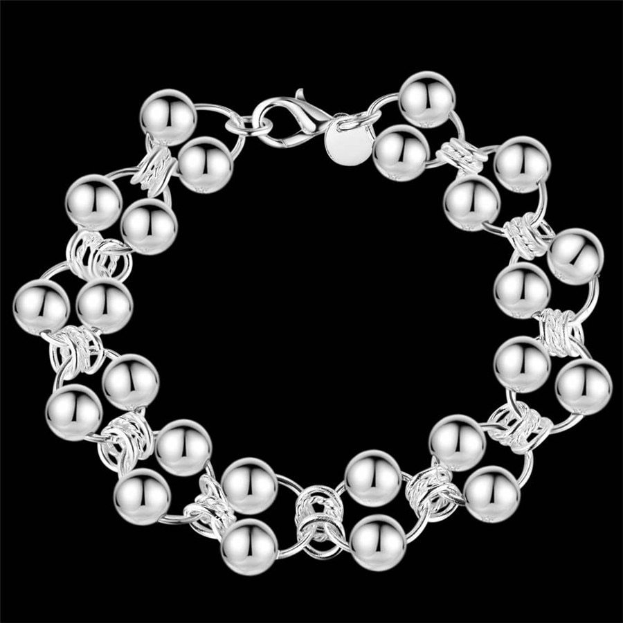 925 Stamp Silver color Bracelets for Women geometry Double beads Chain Fashion classic Wedding Party Christmas Gift fine Jewelry