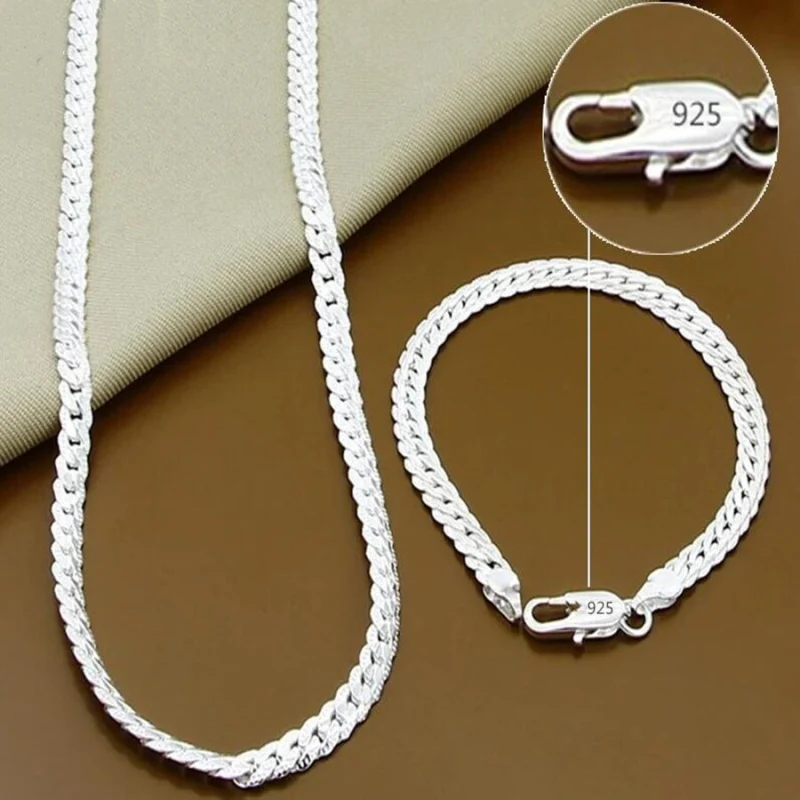 Fine 925 Stamp Silver color 6MM full chain Necklace Bracelet Fashion Jewelry For Women Men Sets Wedding party 45/50/55/60CM