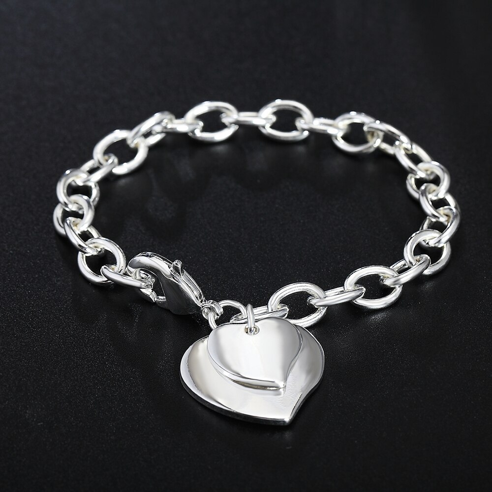 Factory direct fashion 925 Stamp Silver color Bracelet for woman double Heart card pendant chain jewelry Wedding party lady gift