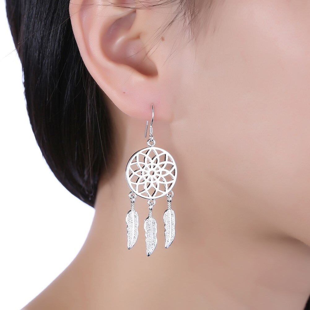 Fashion 925 Stamp Silver color Dream catcher feathers earrings for women luxury designer party wedding Jewelry fine gift