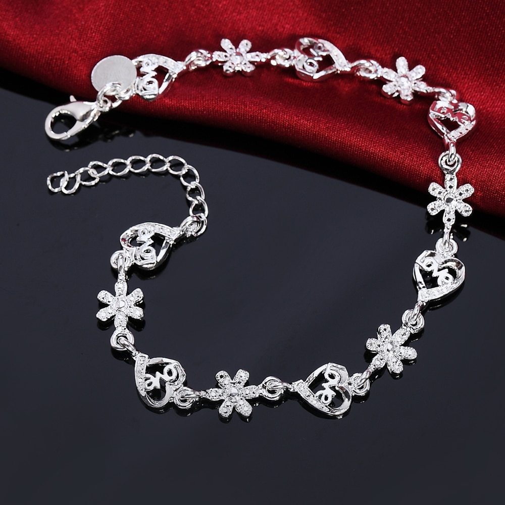 Fashion 925 Stamp Silver color Bracelet for woman crystal romantic heart flowers chain fine jewelry Wedding party lady gifts