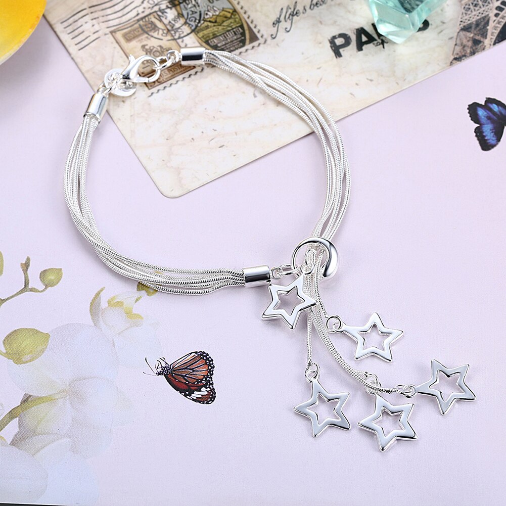 Hot sale fashion 925 Stamp Silver color Bracelet for woman Pretty Tassel chain star pendant Wedding party Gifts classic Jewelry