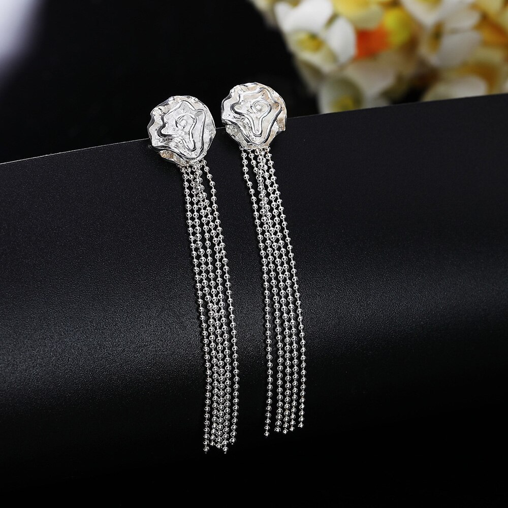 Fine 925 Stamp Silver color tassel Rose flower Earrings stud for Women Birthday Gifts Charm Fashion Wedding party lady Jewelry