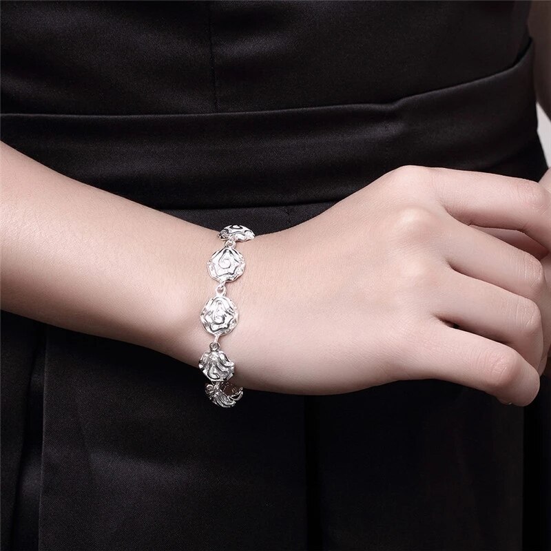Luxury 925 Stamp Silver color fine rose flower Jewelry set rings Bracelets necklaces for women fashion Party wedding gift