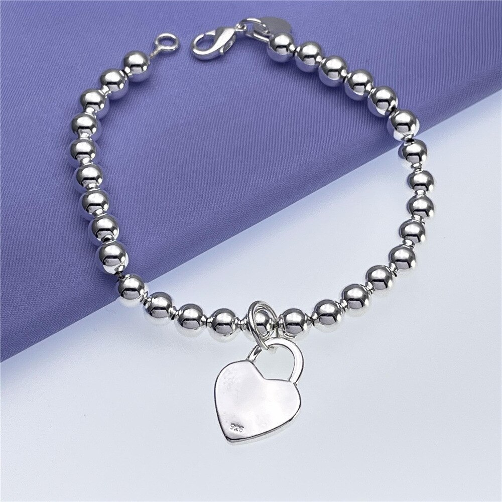 925 Stamp Silver color Pretty 6MM beads chain Heart Bracelets for Women Fashion party wedding accessories Jewelry Christmas gift