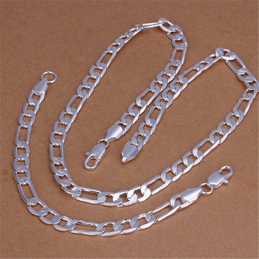 Hot charm 925 Stamp Silver color 8MM chain Bracelets necklace Jewelry set for women men wedding party Fashion Party Gifts