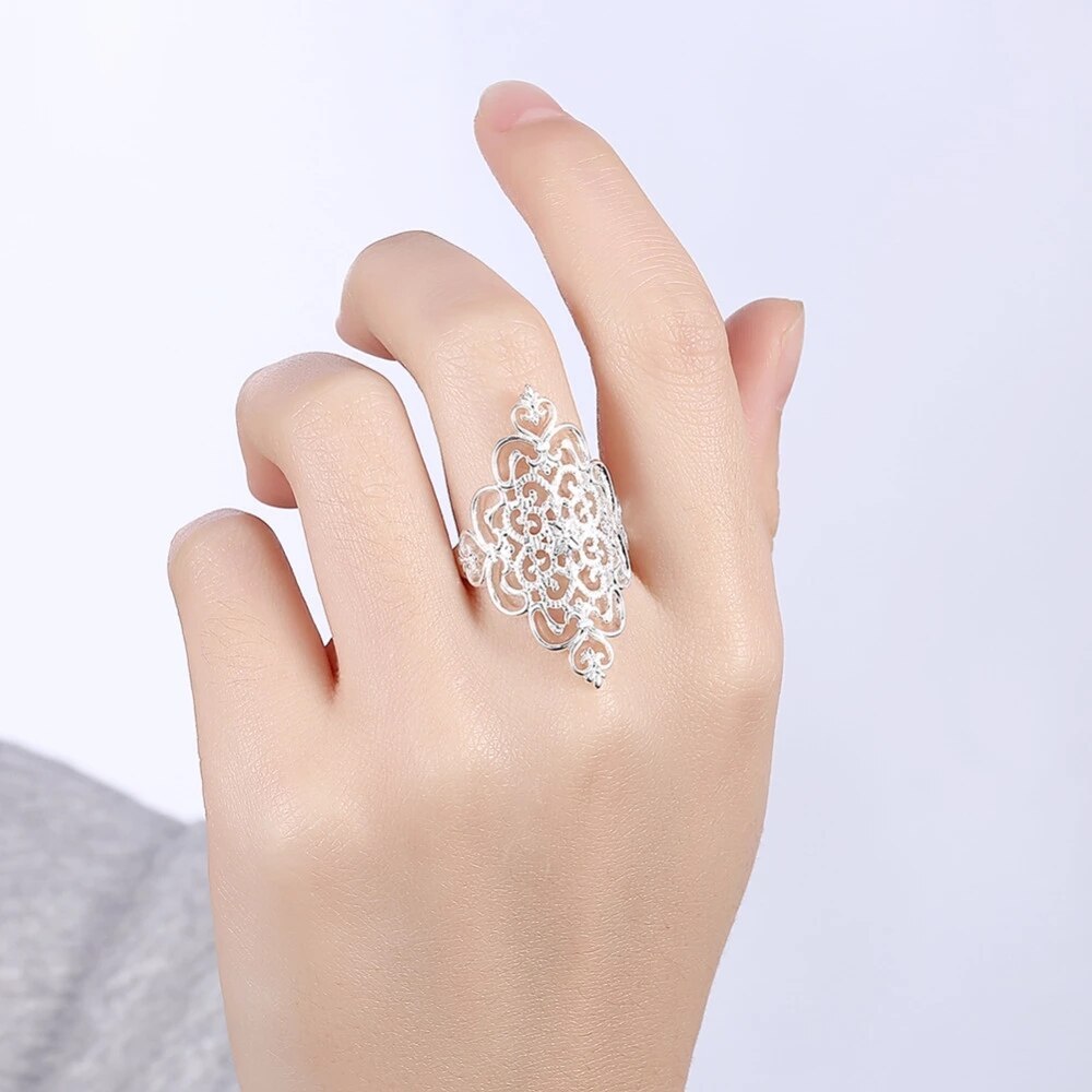 Hot luxury 925 Stamp Silver color Rings For Women fine wide Retro elegant flower Fashion Party Gifts Girl  Charm wedding Jewelry