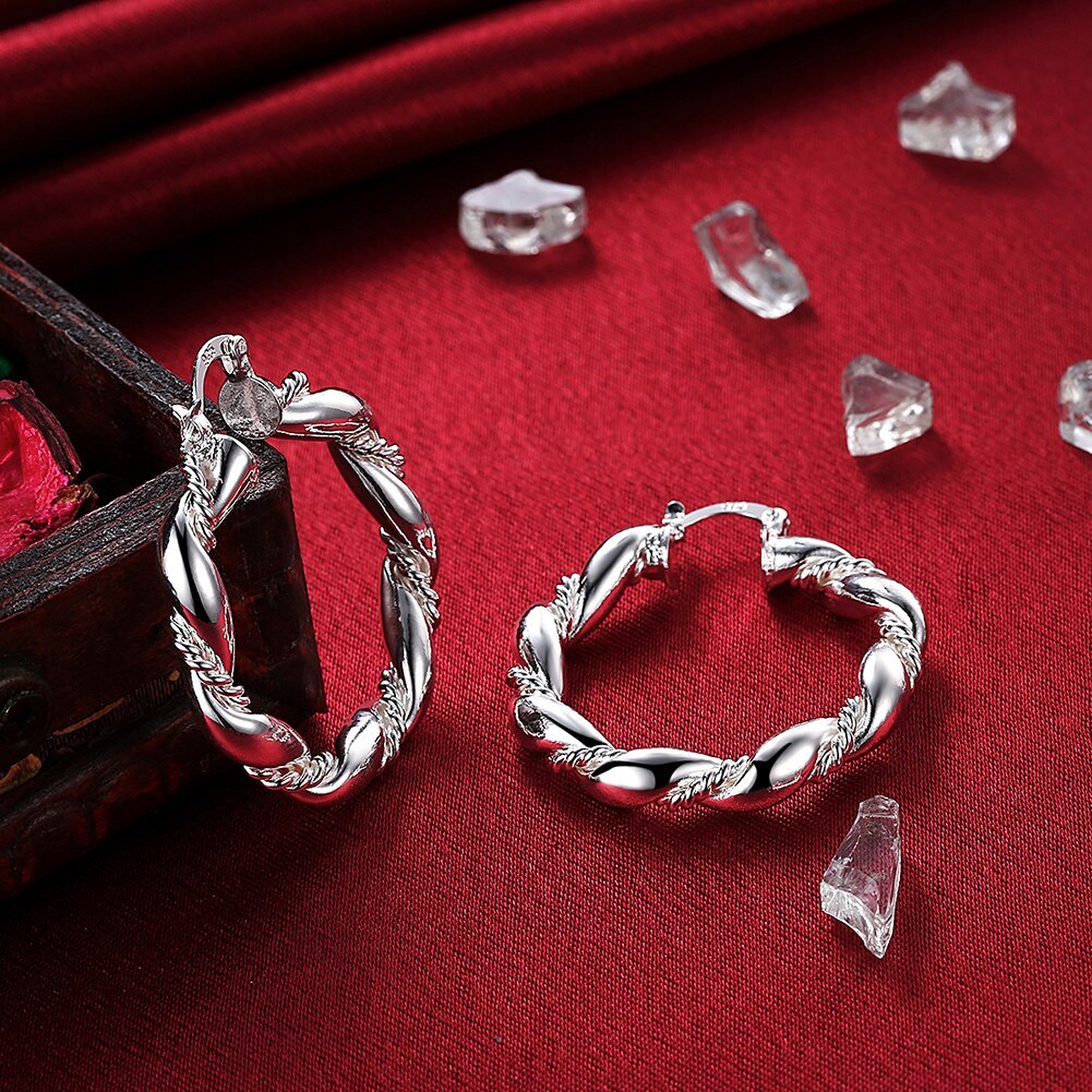 Special offer 925 Stamp Silver color Earrings for Woman fashion Jewelry 18K gold hoop earrings elegant Retro weave circle Gifts