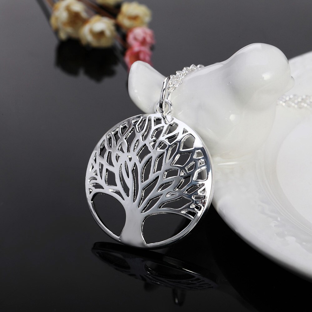 Noble 925 Stamp Silver color Fashion Jewelry Charm Round tree Pendant Necklace For Women 18 inches Hot sale Wedding Gifts