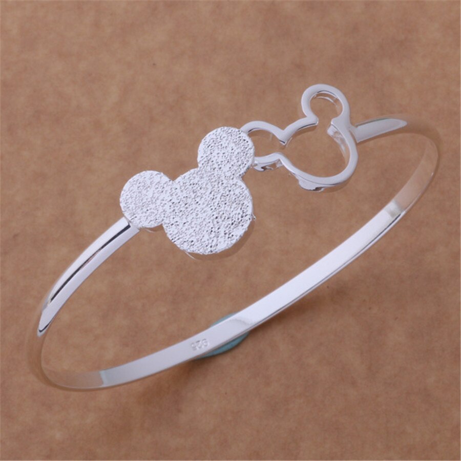 Fashion hot 925 Stamp Silver color Bracelets fine Frosted Mickey bangle for Women adjustable Party wedding Gifts Jewelry student