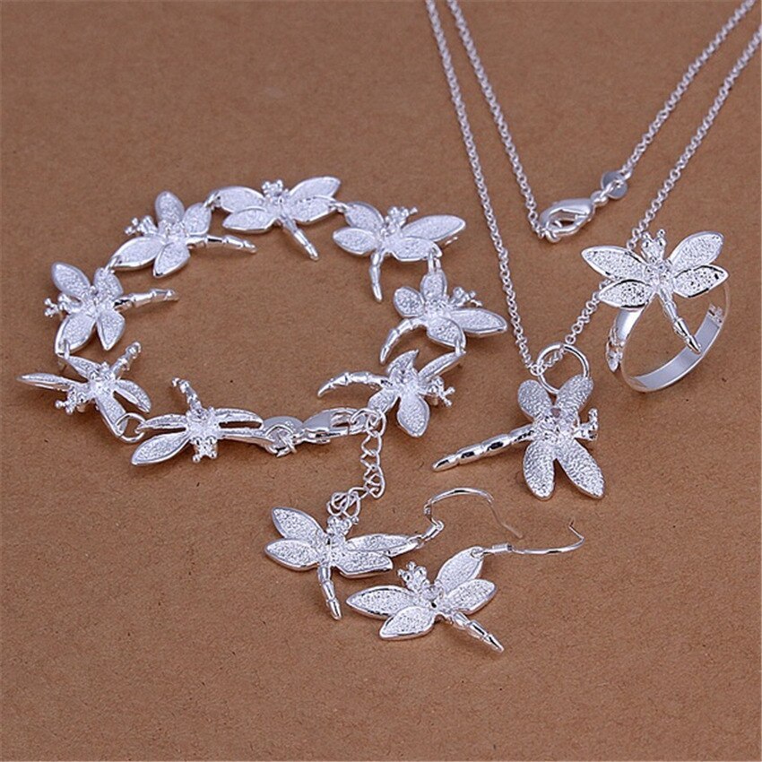 Fashion Party Gifts Charm 925 Stamp Silver color Crystal dragonfly pendant necklace earring bracelet rings Jewelry set for women
