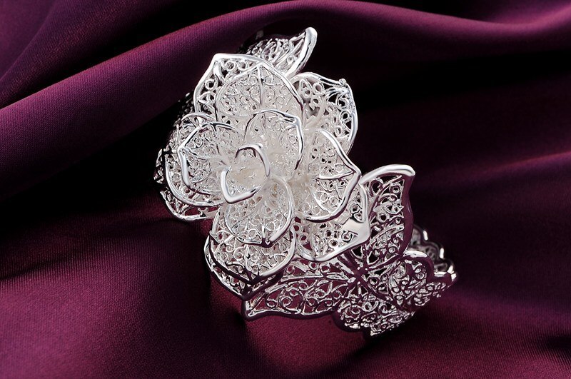 925 Stamped Silver color fine big flower wide bangle Bracelets for Women adjustable Jewelry Fashion wedding Party Holiday gift