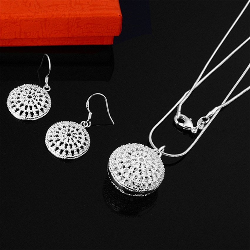 Hot new 925 Stamp Silver color Simple Retro Round necklace earrings Jewelry set for women Fashion Party wedding Christmas Gifts