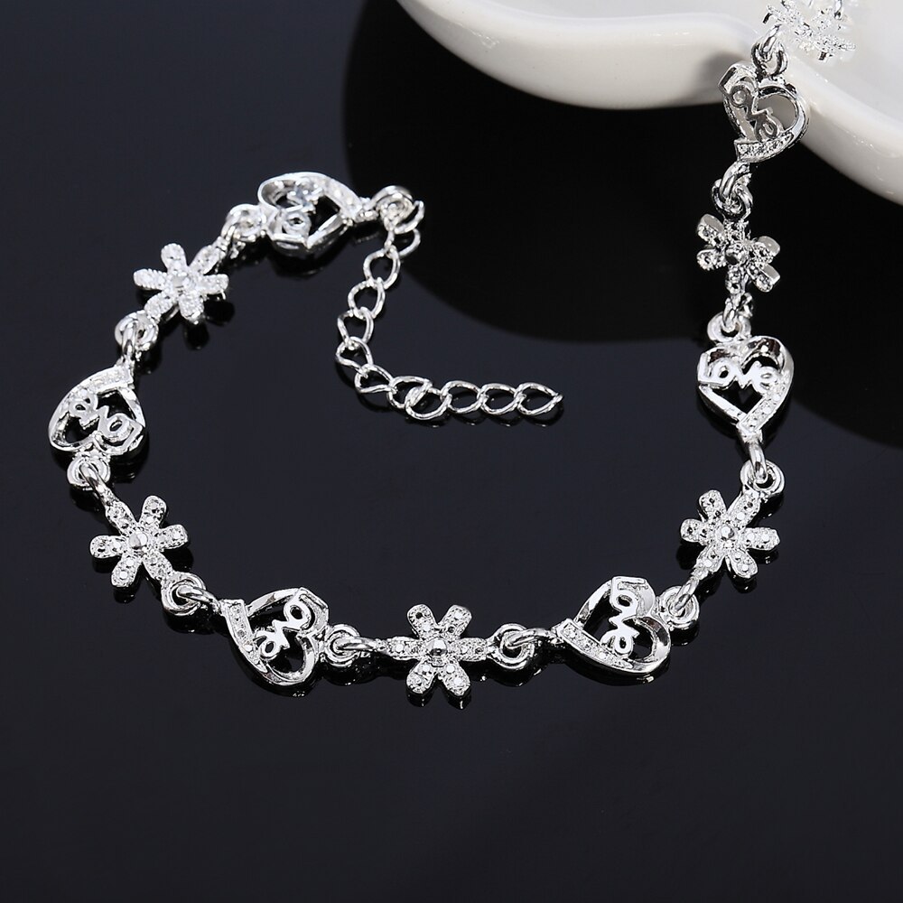 Fashion 925 Stamp Silver color Bracelet for woman crystal romantic heart flowers chain fine jewelry Wedding party lady gifts