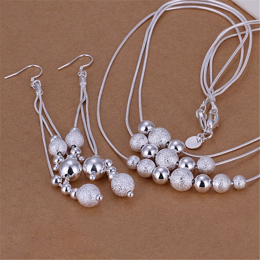 New 925 Stamp Silver color Tassel Snake Chain Beads necklace earrings Jewelry set for women Fashion Party wedding Christmas Gift