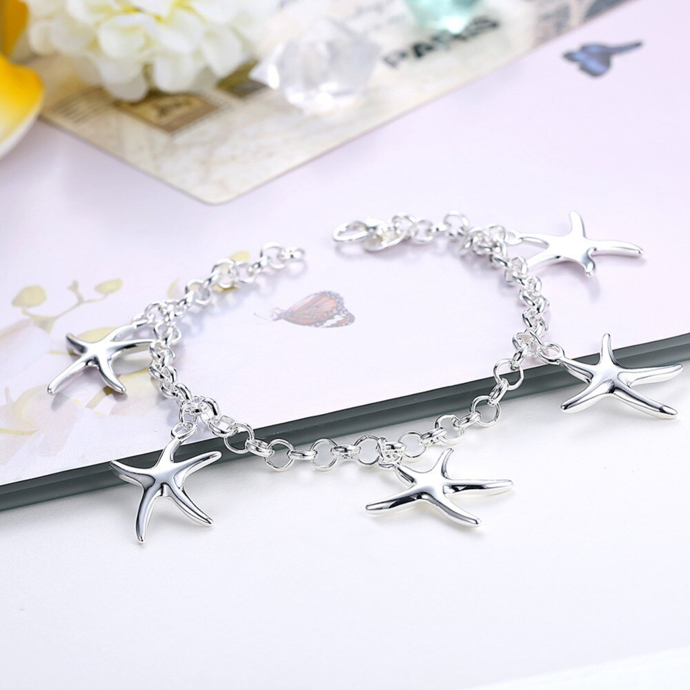 Special offer fashion 925 Stamp Silver color Bracelet for woman five starfish Pendant chain jewelry Wedding party Christmas gift