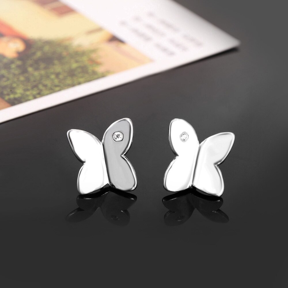 Fine 925 Stamp Silver color crystal butterfly earrings stud rings Jewelry sets for women Fashion happy Party wedding Gift