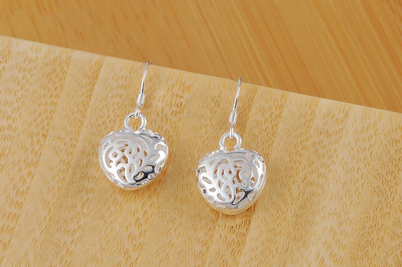 High Quality Jewelry  charm 925 Stamp Silver color Hollow Heart Earring for Woman  Fashion Bohemian Style lady Christmas Gifts