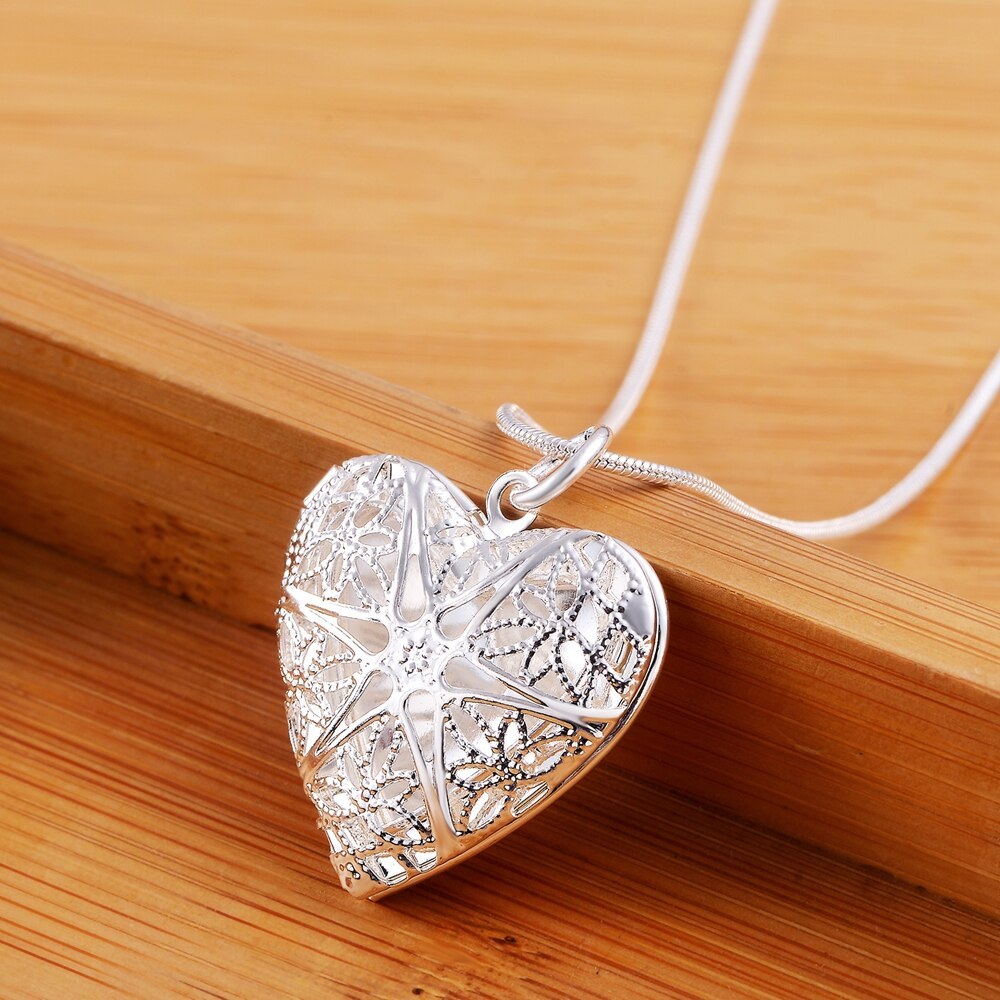 Hot 925 Stamp Silver color Pattern heart photo frame Pendant Necklace For Women 18 inches Christmas gift fashion wedding Jewelry