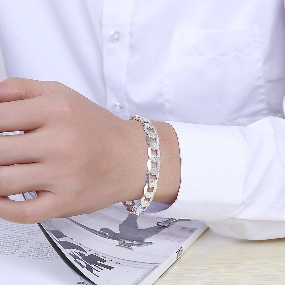 Hot fine 925 Stamp Silver color classic 10mm Geometric chain bracelet necklace for Men's Jewelry sets Fashion Party Holiday gift
