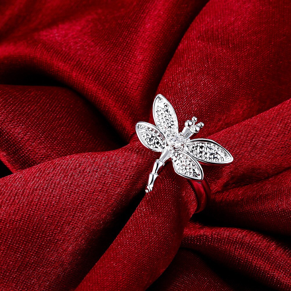 Fashion fine 925 Stamp Silver color women Crystal dragonfly pendant necklace earring ring Jewelry set Party wedding gifts