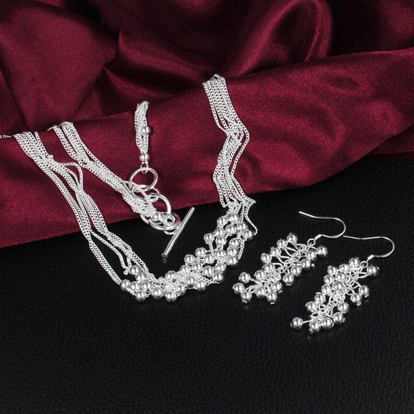 Hot new 925 Stamp Silver color Fine Multi-line tassel beads necklace earrings  for woman Fashion Party wedding gift Jewelry sets