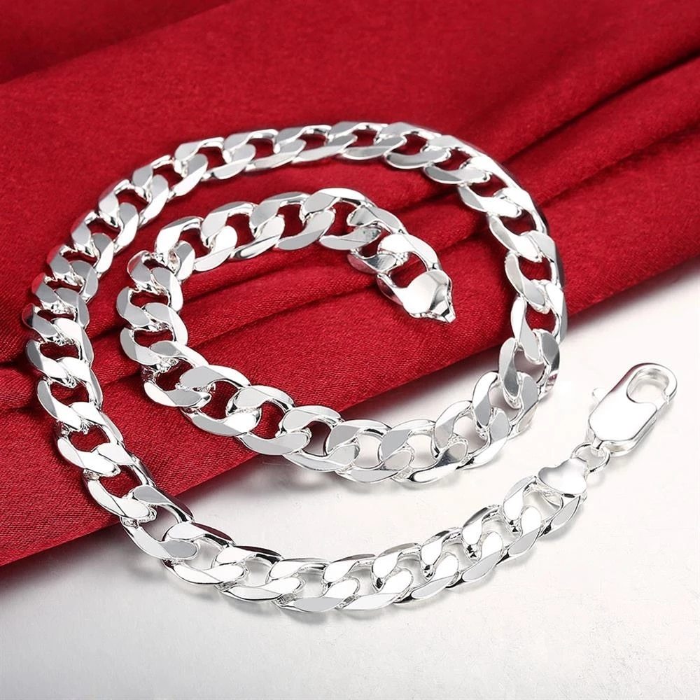 hot 925 Stamp Silver color classic Cuban 12MM chain necklace for men 18-30 inches Charm Fashion jewelry party wedding