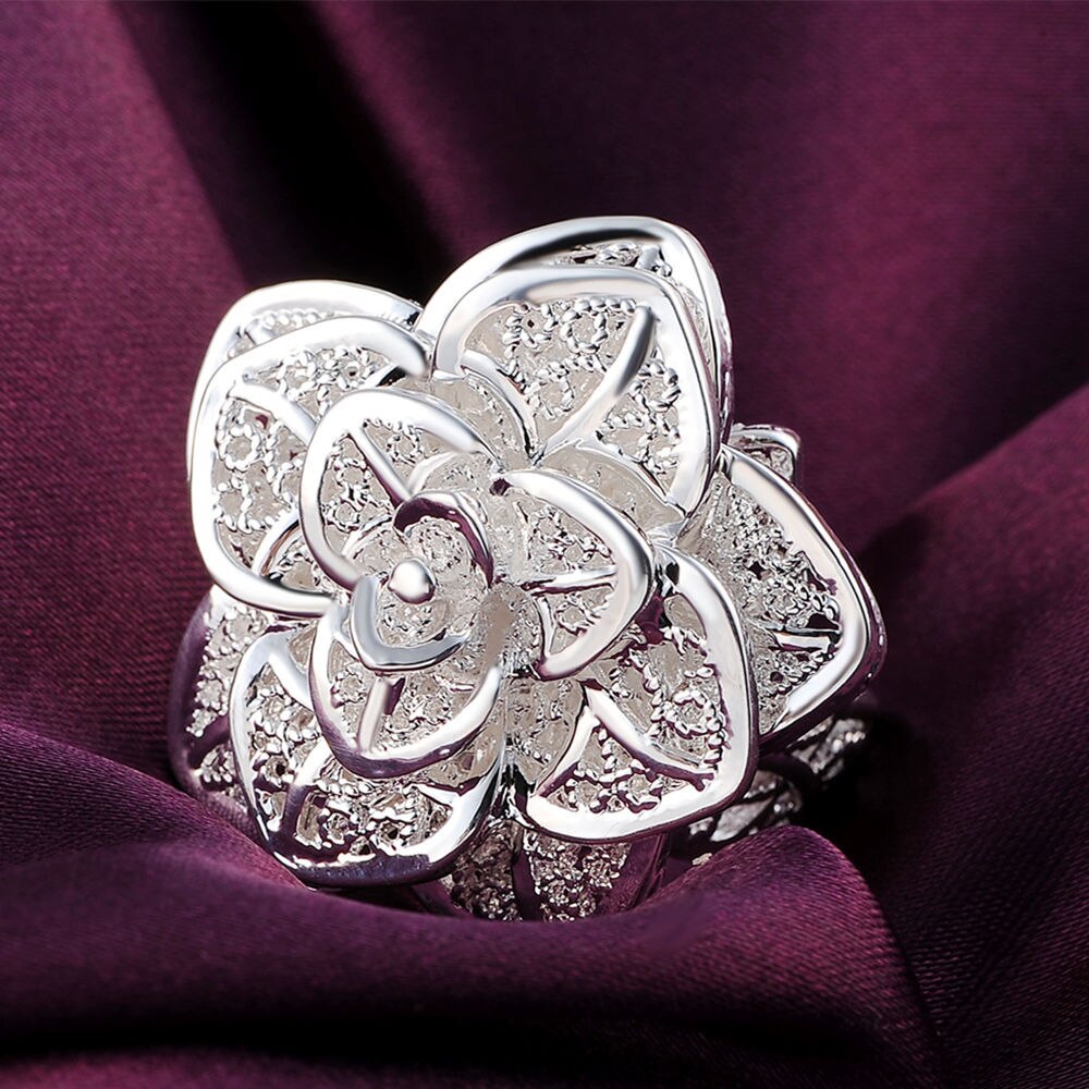 925 Stamp Silver color 18K gold PLATED  big flower Rings For Women adjustable Fashion Wedding Party gift lady fine luxery Jewelry