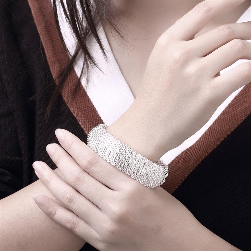 Hot luxury 925 Stamp Silver color Bracelets for Women fine Round net bangle Christmas Gifts Fashion Wedding Party Jewelry