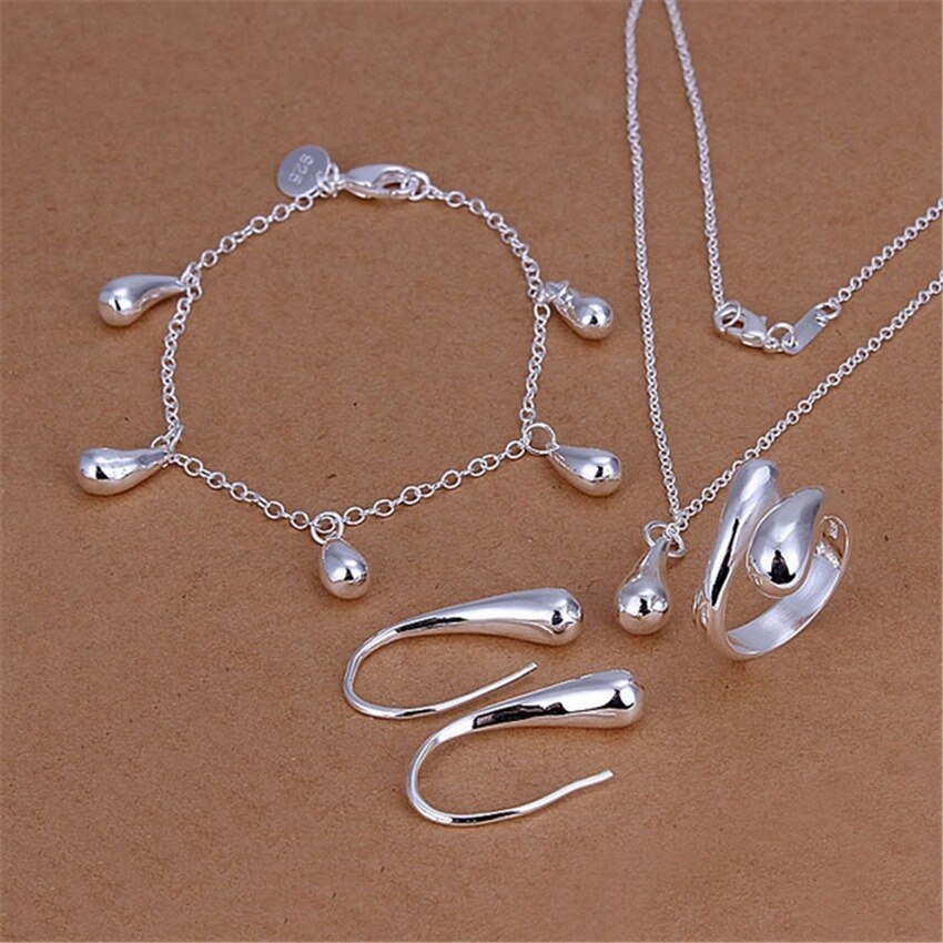 Hot 100% 925 Stamp Silver color Water drop Pendant Bracelet necklace earrings rings Jewelry sets for women Fashion Party Gifts