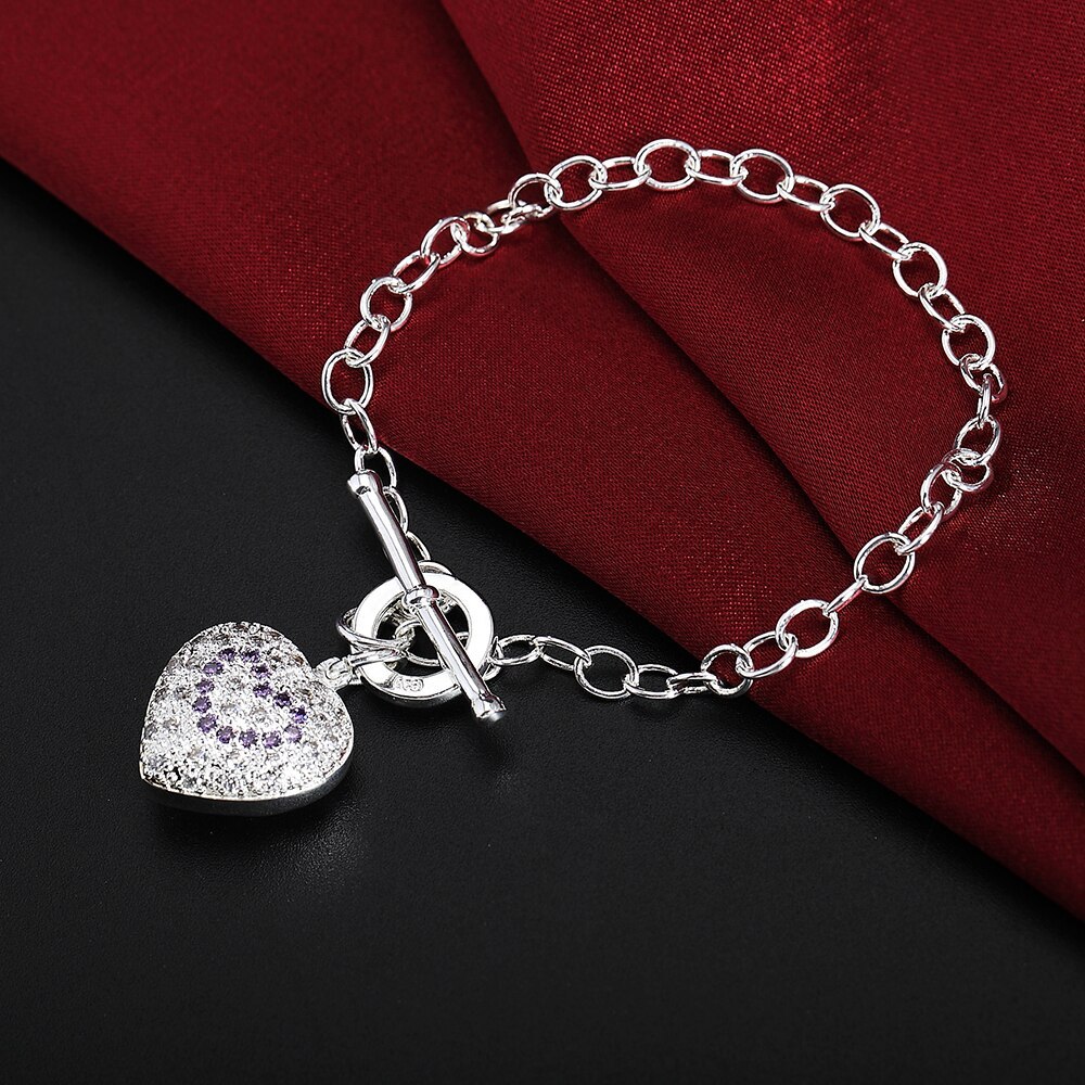 Factory direct fashion 925 Stamp Silver color Bracelet for woman fine crystal heart pendant Luxury jewelry Wedding party gift
