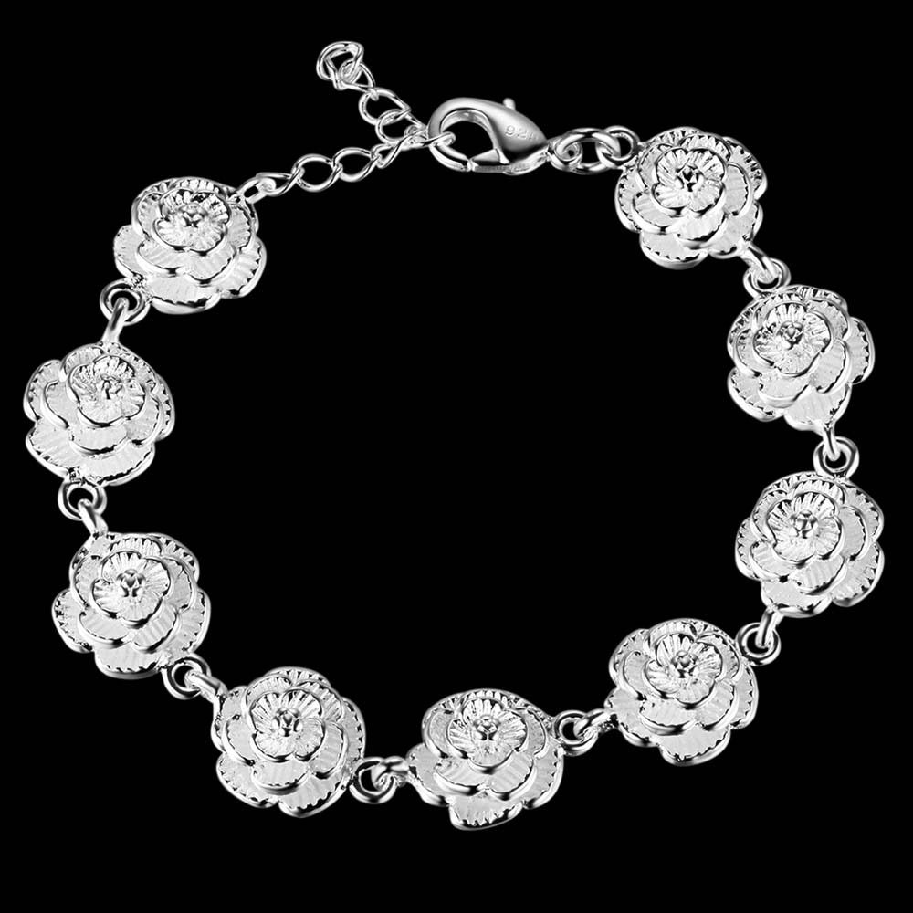 New 925 Stamp Silver color Full Rose Flower Chain Bracelet For Women elegant Fashion classic Wedding Party Gifts fine Jewelry