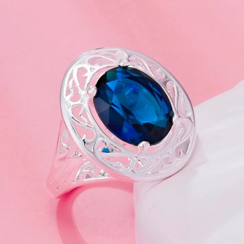 Charm 925 Stamp Silver classic Blue Crystal Oval Pendant Necklaces rings For Women fashion designer party wedding Jewelry sets
