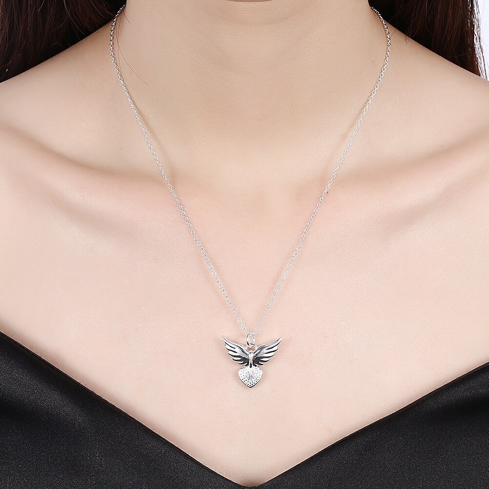 New 925 Stamp Silver color 18 inches Zircon elegant Heart wings Pendant Necklace For Women Fashion wedding Jewelry Gifts