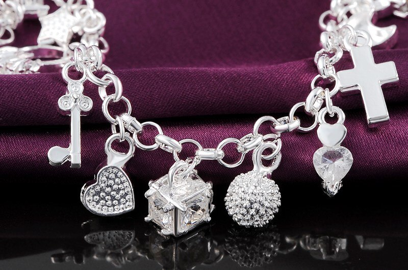 Hot sale fashion 925 Stamp Silver color Bracelet for woman Pretty heart Zircon Pendant chain Wedding party Gifts classic Jewelry