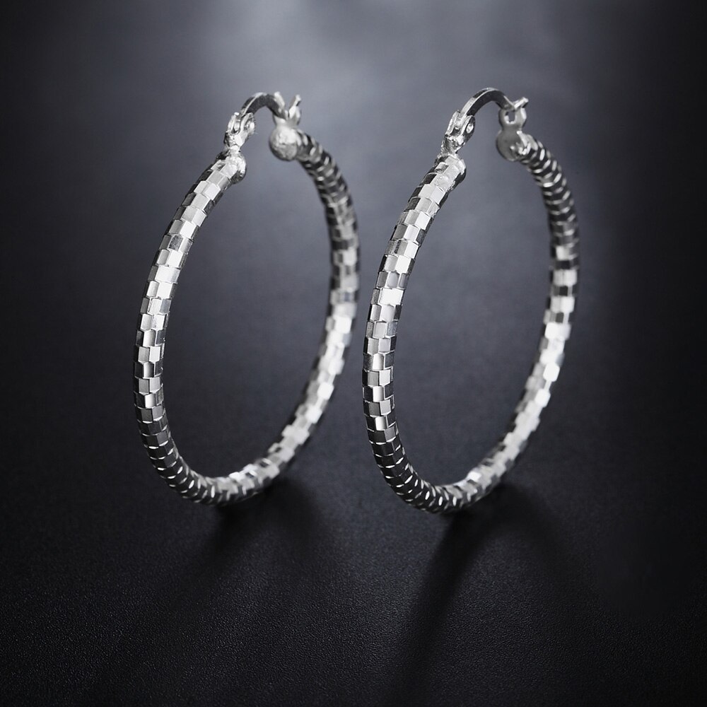 Solid 925 Stamp Silver color Earrings for Women Jewelry Sweet romantic Lattice pattern 4CM Big circle hoop Earrings wedding Gift