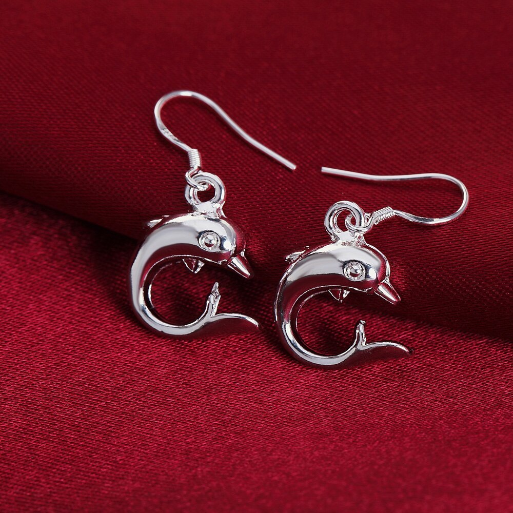 Hot sale 925 Stamp Silver color little dolphin drop Earrings for Women fashion lady Jewelry girl Christmas Gifts long earrings