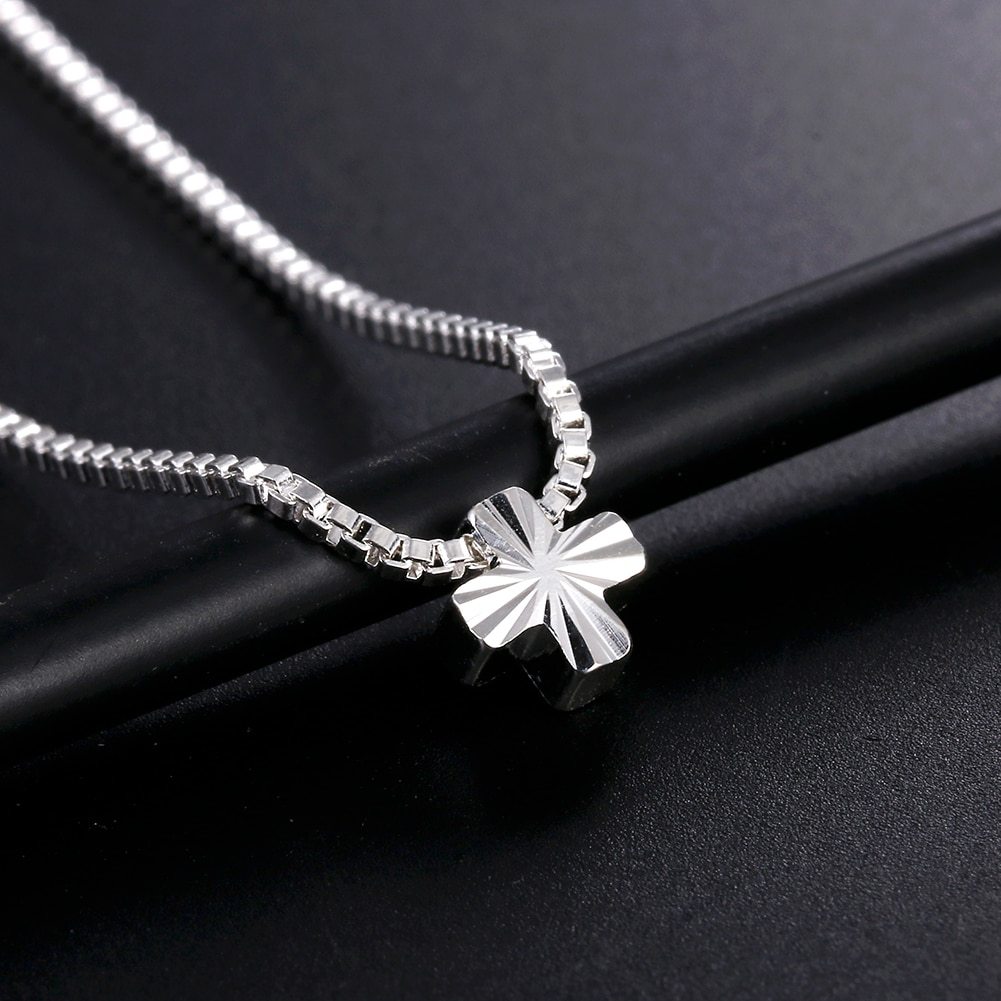 Charm 925 Stamp Silver color Necklace 18 inch Box chain Simple cross Pendant For Women men party Fashion Jewelry Christmas Gifts