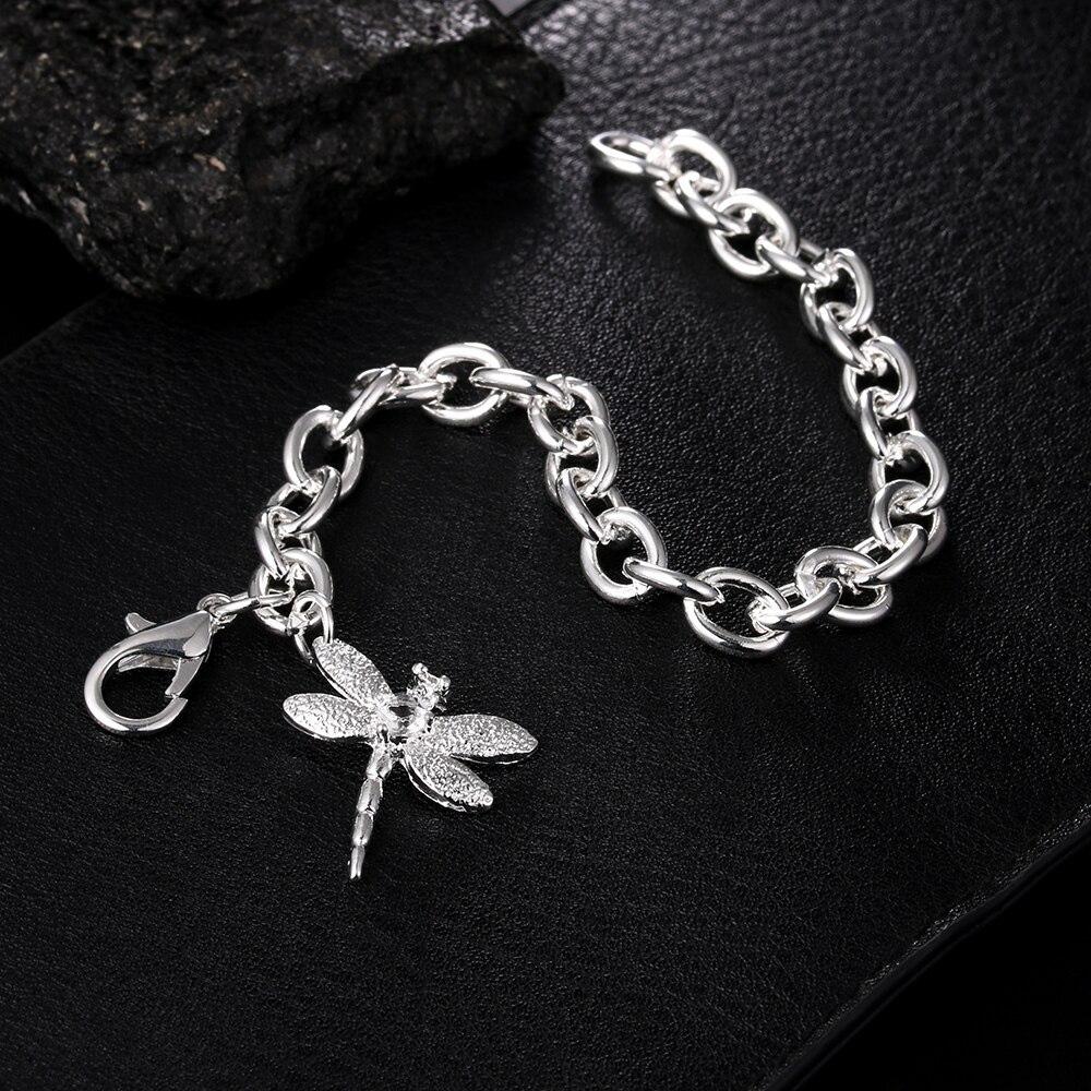 Factory direct fashion 925 Stamp Silver color Bracelet for woman Zircon dragonfly pendant chain jewelry Wedding party lady gifts