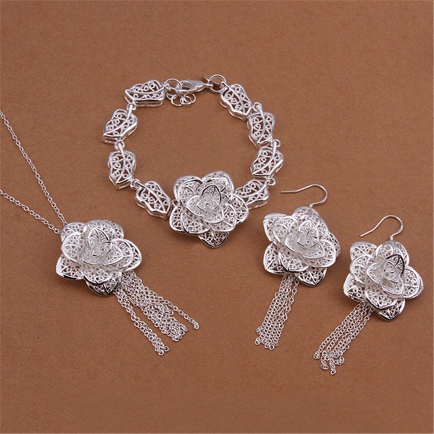 Hot charm 925 Stamp Silver color fine flower Pendant necklace earrings bracelet Jewelry sets for women Fashion Party wedding