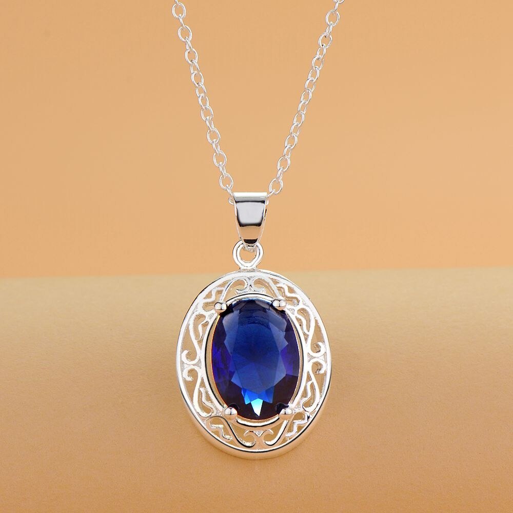 925 Stamp Silver Beautiful Blue Crystal Oval Pendant Necklaces For Women fashion party wedding engagement Jewelry birthday gifts